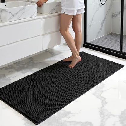 SUBRTEX 욕실 러그, 61cm x 139.7cm(24인치 x 55인치) 셔닐 욕실 러그 부드럽고 짧은 플러시 욕실 매트 부드러운 샤워 매트 수분 흡수 샤워 매트 빠른 건조 세탁기 세탁 가능, 블랙 - color: 블랙., size: 55인치 x 24인치
