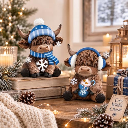 Karenhi 2 Pcs Highland Cow Figurines Resin Winter Decor for Tabletop - style: Winter
