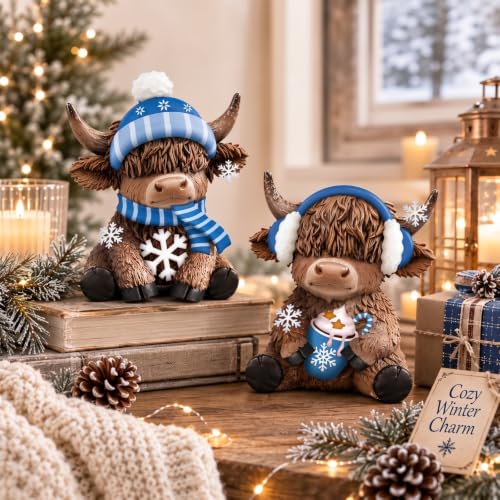Karenhi 2 Pcs Highland Cow Figurines Resin Winter Decor for Tabletop - style: Winter