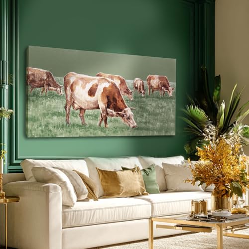 Rustic Cow Herd Canvas Wall Art Farm Landscape Living Room 29x58 Inch - color: Green and Brown, size: 58"L x 29"W