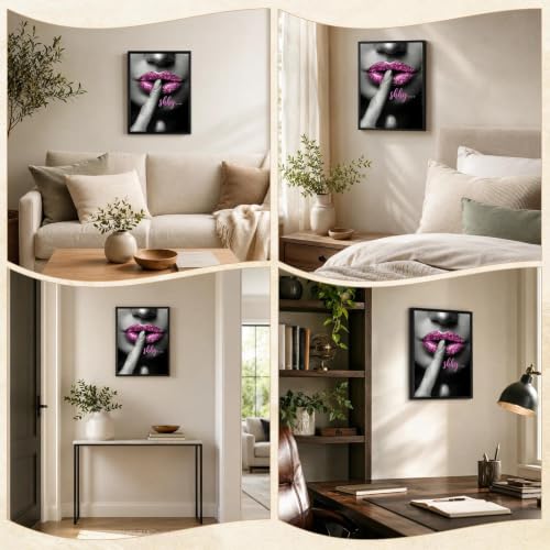 Black Framed Pink Lips Wall Art, Glam Pictures Wall Decor, 12x16 in - color: Pink-Shhy
