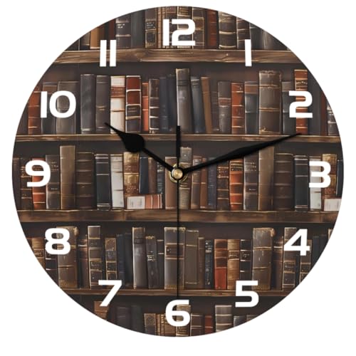 Retro Bookshelf Books Wallpaper Wall Clock Battery Operated 10 in Round Wall Clocks Slilent Non Ticking Quartz Analog Clock for Bedroom Kids Living Room Classroom Decor - color: Retro Bookshelf Books Wallpaper