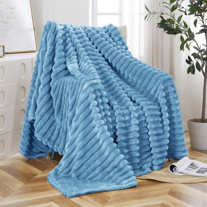 Taliska Ribbed Fleece Throw Blanket for Bed, Light Blue, 90"x90" - color: Light Blue, size: Throw(90"x90")