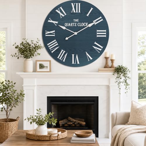 ARTPOWER 35.5" Extra Large Farmhouse Wall Clock,Solid Wood Veneer,Navy Blue - color: Blue, size: 35.5"W x 35.5"H