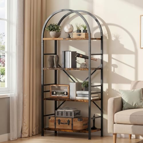 Shintenchi Arched Bookshelf, 4 Tier Bookcase, Tall Storage Shelf, Brown - color: Rustic Brown, size: 4Tier