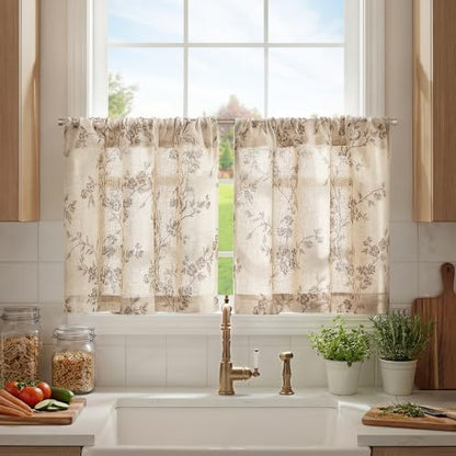 jinchan Floral Linen Kitchen Tier Curtains, 20 Inch, 2 Panels, Taupe - color: Alisa Taupe, size: 26"W x 20"L (Pack of 2)