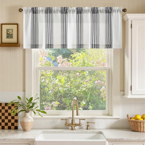 jinchan Linen Balanced Stripe Valances for Window 16 in,Black Grey,1 Panel - color: Balanced Stripe | Black, size: 50"W x 16"L (Pack of 1)