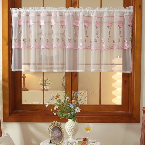 2 Panels Pink Rose Sheer Valances for Windows Double-Layered Lace Floral Embroidered Kitchen Curtains Over Sink Cafe Curtain, Window Short Small Drapes(Pink,39"x18") - color: Pink, size: 39"W x 18"L (Pack of 2)