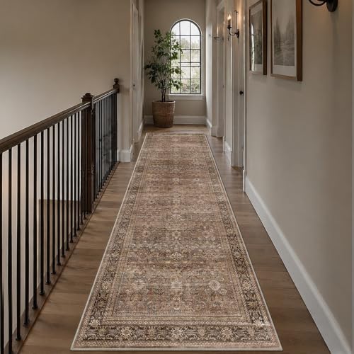 Schweek 3x10 Hallway Runner Washable Non Slip Vintage Brown Kitchen Rug - color: Brown, size: 3' x 10' (Runner)