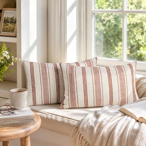 AELS 12x20 Decorative Farmhouse Linen Blend Lumbar Pillow Covers, Beige with Terracotta Chenille Striped Pillow Case, Set of 2, Boho Textured Cushion Cover for Sofa Couch Living Room (Cover ONLY) - color: Terracotta, size: 20" x 12" (Pack of 2)