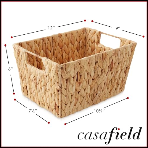 Casafield Set of 4 Water Hyacinth Storage Baskets with Handles - Natural, Woven Storage Bins for Shelves, Blankets, Laundry Organization