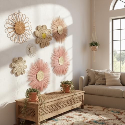Chunful 7 Pcs Boho Wall Basket Decor Rattan Flower, Dark Pink - color: Dark Pink