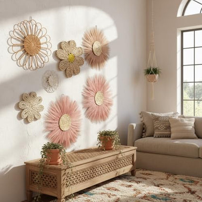 Chunful 7 Pcs Boho Wall Basket Decor Rattan Flower, Dark Pink - color: Dark Pink