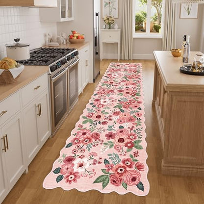 DUKINO 2x8 Washable Runner Rug, Floral Non Slip Kitchen Runner Rug, Pink - color: Pink (Big), size: 2' x 8' (Rectangular)