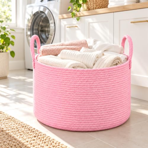 Large Blanket Basket Pink, Round Soft Woven Rope Basket - color: Pink, size: Extra Large
