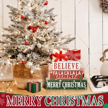Geelin 4 Pcs Christmas Wooden Table Decorations Gift Boxe Tiered Tray Decor - style: Gift