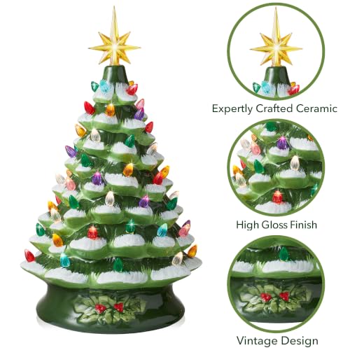 Casafield Hand Painted Ceramic Christmas Tree, Green Snow Flocked 15-Inch Pre-Lit Tree with 128 Multi-Color Lights and 2 Star Toppers - color: Green Snow Flocked