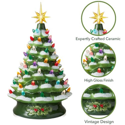 Casafield Hand Painted Ceramic Christmas Tree, Green Snow Flocked 15-Inch Pre-Lit Tree with 128 Multi-Color Lights and 2 Star Toppers - color: Green Snow Flocked