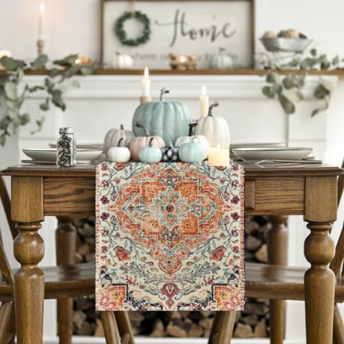 Artoid Mode Boho Bohemia Style Orange Table Runner, Country Rustic Farmhouse Magical Fall Kitchen Dining Table Decoration for Home Party Decor 13x90 Inch - color: Orange, size: 13" x 90", Table Runner