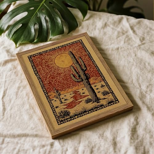 Framed Vintage Desert Cactus Wall Art, Desert Giant Cactus Canvas Print, Retro Style Sunburst Landscape Artwork, Southwestern Rustic Wall Decor for Living Room Bedroom Office 12x16in - color: Desert Cactus, size: 16"L x 12"W