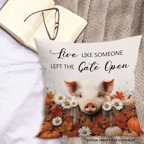 Fall Pig Daisy Floral Pumpkin Maple Leaf Throw Pillow Covers 18x18 - color: Pig-02