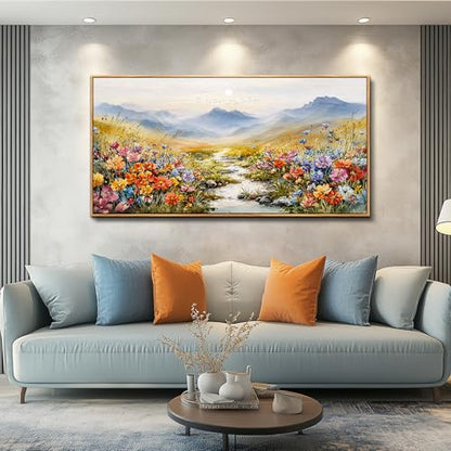 Nature Landscape Wall Art for Bedroom, Sunset Wildflowers Pictures 20X40 In - color: Flower Watercolour Painting Wood Framed, size: 40"L x 20"W