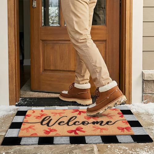 2-Piece Layered Welcome Mat Set - Coir Doormat & Buffalo Plaid Rug - color: Pink Bow