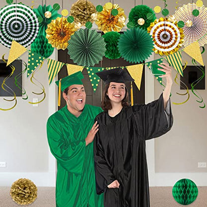 24 Pcs Green Gold Party Decorations, Paper Fans Banner and Swirls - color: Green