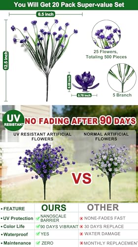 20 Bundles Artificial Flowers for Outdoors, Summer Spring Grass Camellia - color: Purple, size: 20 Bundles