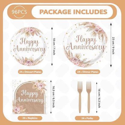 96Pcs Boho Bohemia Happy Anniversary Party Decorations, Serves 24 - style: Bohemian Wedding Plates