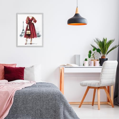 'Parisian Fashion Red Dress'| Framed Giclee Art - color: Farmhouse Gray (Textured), size: 30"L x 24"W