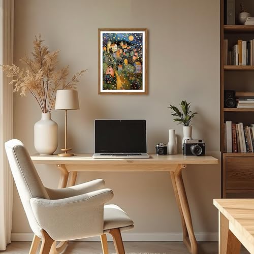 AVECCO Gustav Klimt Style Village Night Wall Art Framed Canvas 12x16 Inch - color: colorful, size: 16"L x 12"W