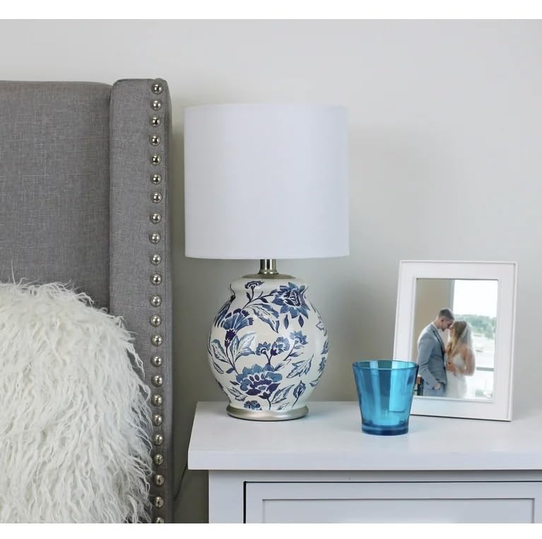 Floral Ceramic Table Lamp, Exclusive Blue and White Floral Ceramic Base Design, Includes Clean White lamp Shade