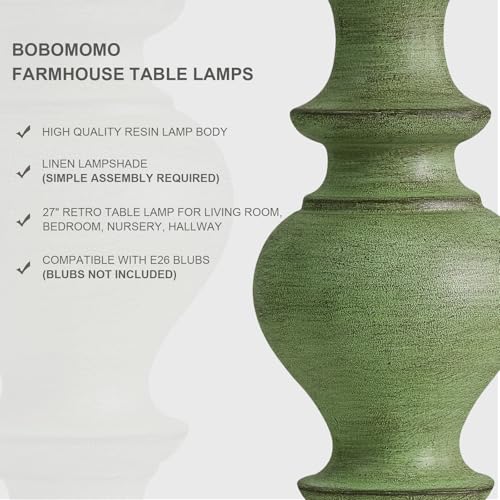 BOBOMOMO 27" Sage Green Table Lamps Set of 2, Large Farmhouse Resin Lamps with Linen Shades, Green Vintage Lamps for Living Room, Bedroom, or Entryway, Rustic Elegant Home Décor - color: Sage Green, size: Large-27"