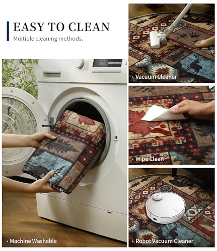 YIHOUSE 세탁 가능한 러스틱 캐빈 라운드 러그, 1.2m(4피트) - color: 브라운., size: 4' (Round)