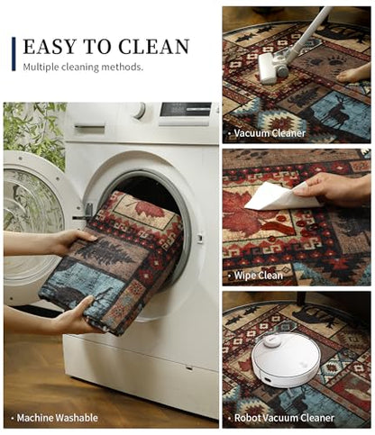 YIHOUSE 세탁 가능한 러스틱 캐빈 라운드 러그, 1.2m(4피트) - color: 브라운., size: 4' (Round)