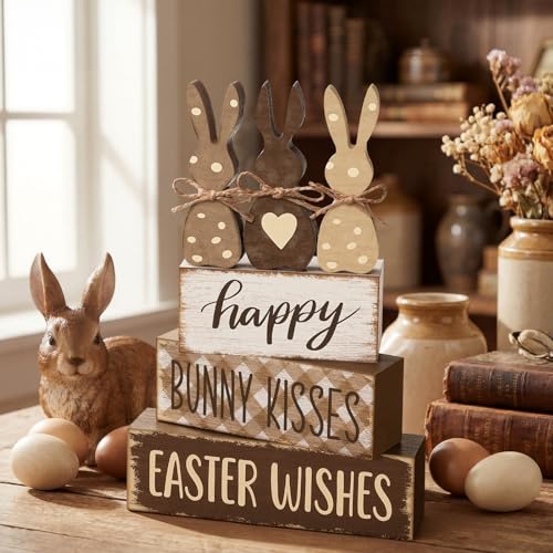 Yousoontic 4 Pcs Rustic Easter Bunny Wooden Table Decorations, Spring Farmhouse Rabbit Tiered Tray Sign Country Table Top Centerpiece Decorative for Home Entryway Office Desk Mantel Room Decor, Gift - style: Easter Bunny