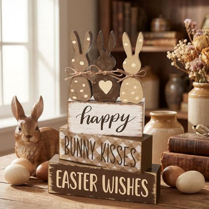 Yousoontic 4 Pcs Rustic Easter Bunny Wooden Table Decorations, Spring Farmhouse Rabbit Tiered Tray Sign Country Table Top Centerpiece Decorative for Home Entryway Office Desk Mantel Room Decor, Gift - style: Easter Bunny