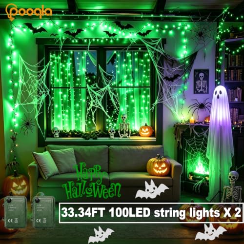Pooqla Green String Lights Battery Operated, 2x100 LED Halloween Lights - color: Green, size: 100 LED x2