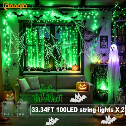 Pooqla Green String Lights Battery Operated, 2x100 LED Halloween Lights - color: Green, size: 100 LED x2
