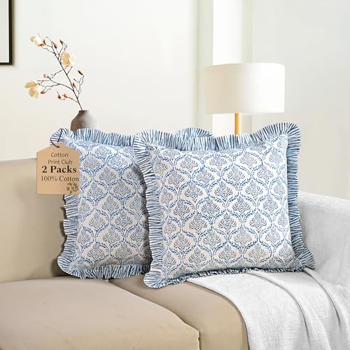 CPC Indigo Regal Block Print Ruffle Pillow Cover 18x18 Inch, Pack of 2 - color: Indigo Regal, size: 18" x 18" (Pack of 2)