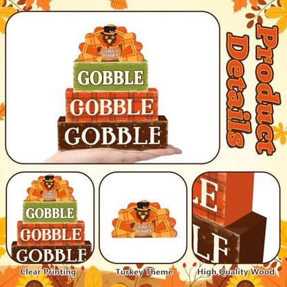 Britimes Tiered Tray Decor Set, 4 Pack, Wooden, Thanksgiving Turkey - style: Gobble Turkey