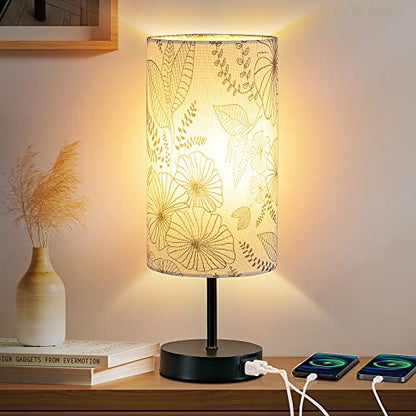 CINSARY Touch Control Bedside Lamp with 2 USB Ports, 3-Way Dimmable Table lamp for Bedroom, Nightstand Lamp with Round Flower Fabric Shade for Living Room Home Office (E26 LED Bulb Included) - color: White-15“ H