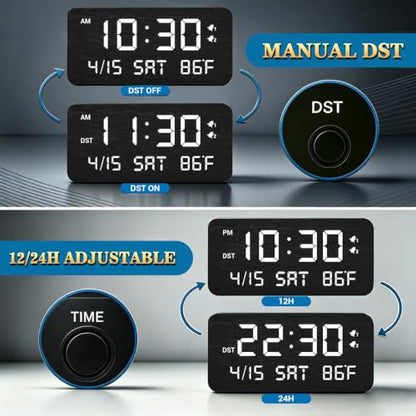 Premium Black Wooden Digital Alarm Clock with Wireless Phone Charger, Dual USB Charging Ports, Dimmable LED Display, Date and Day of Week, Small Digital Desk Clock for Bedroom Nightstand Bedside Table - color: Black