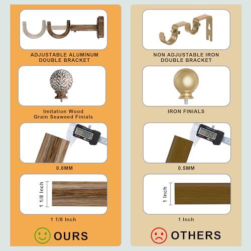 1-1/8 Inch Diameter Wood Curtain Rods for Windows 72 to 144 inch - Adjustable Seamless Aluminum Bracket - Heavy-Duty Boho Curtain Rods with Seaweed Finial - Dark Brown Wood Grain - color: Dark Brown Wood Grain, size: 72-144"