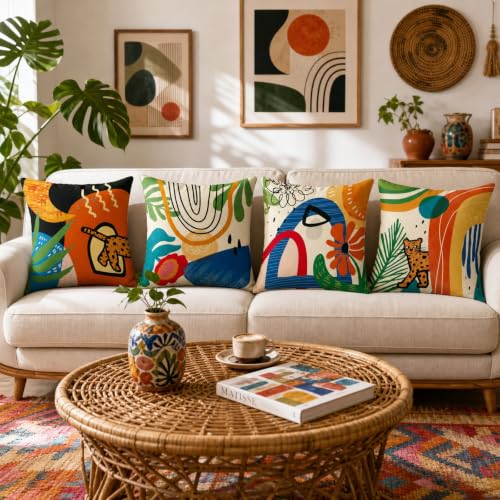 18x18 Set of 4 Orange Aesthetic Floral Throw Pillow Cushion Cover - color: Boho, size: 18" x 18" (Pack of 4)