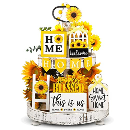 FairySandy 11 Pcs Sunflower Tiered Tray Decor Summer Rustic Home Farmhouse - style: Sunflower