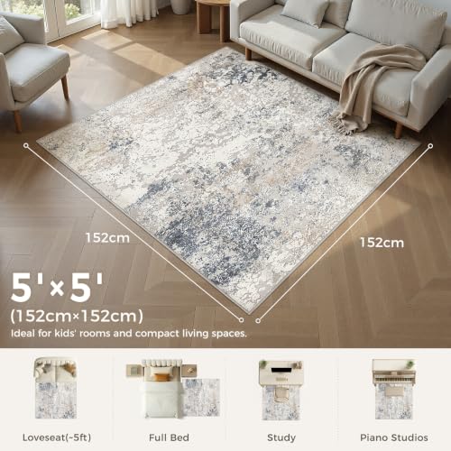 DMOYEST Square Area Rug Living Room Rugs - 5x5 Washable Large Soft Indoor Neutral Modern Abstract Low Pile Rug Carpet for Bedroom Dining Room Farmhouse Home Office - Beige Blue - color: Beige Blue, size: 5' x 5' (Square)