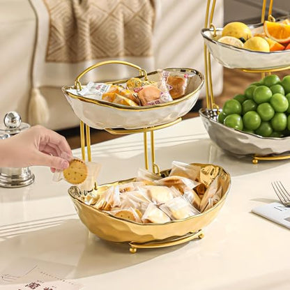 XUDREZ 2 Tier Fruit Bowl with Metal Stand, Ceramic, Gold - color: Gold, 2 Tier