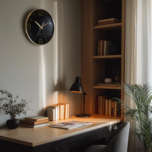 AYRELY® 12 Inch Silent Modern Wall Clocks Battery Operated, Wall Clock for Living Room Décor,Gold Metal Frame Clock Decorative for Bedroom,Kitchen,Office - color: Black-gold